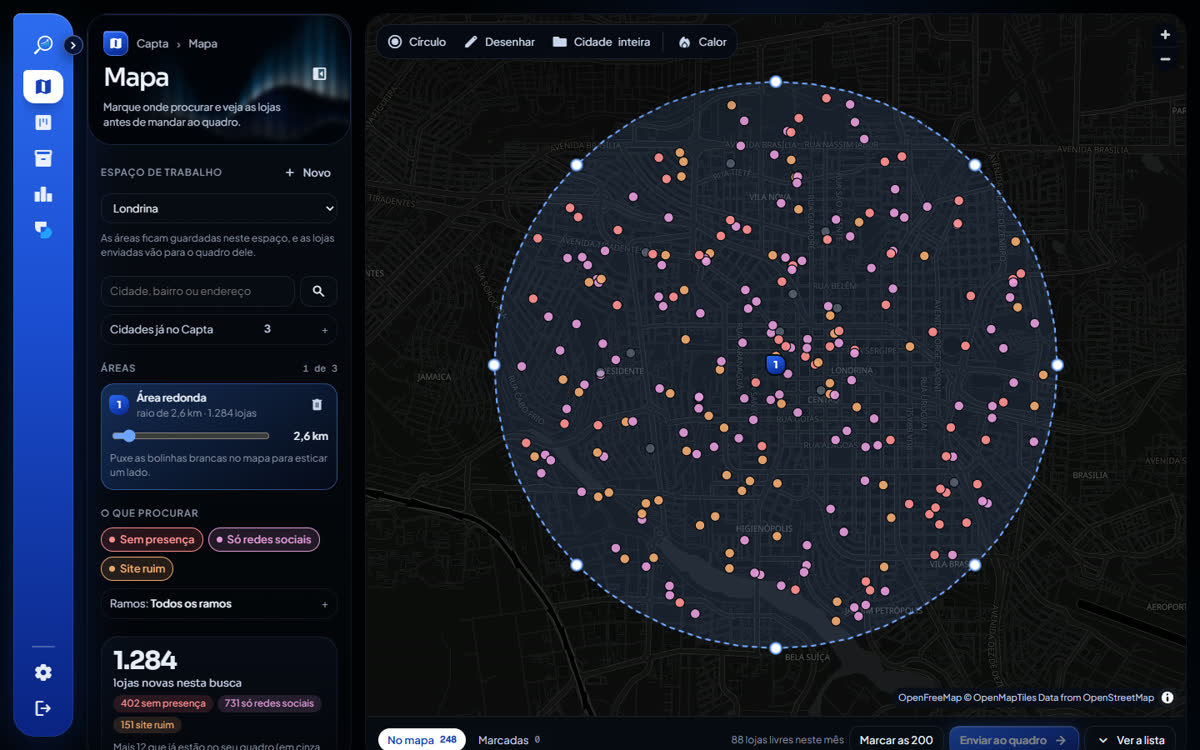 Mapa do Capta em Londrina com lojas de exemplo marcadas numa área redonda